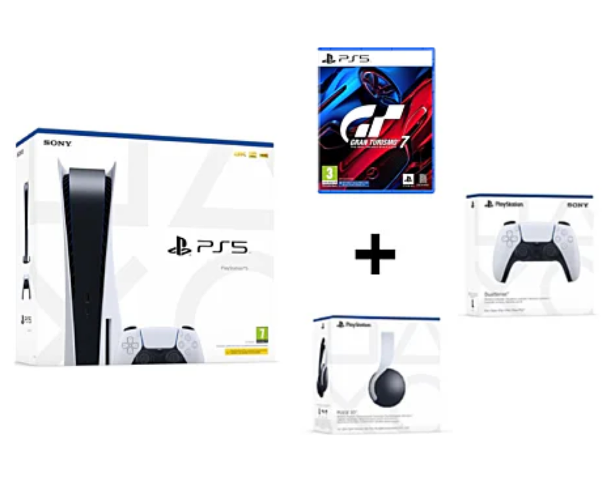 Pack PlayStation 5 Standard + Gran Turismo 7 + DualSense + casque PULSE 3D — sans lignes noires